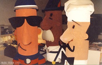 The original three sausage costumes before the first race, from left: Polish, bratwurst, and Italian.