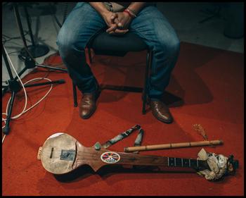 Tenzin Choegyal and his dranyen in the WNYC studio