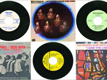 A selection of gospel records and album covers from the 1960s and 70s. Many gospel artists of this era used the B-side of their 45s for civil rights anthems.  