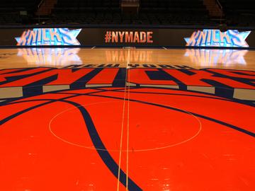The Knicks basketball court at Madison Square Garden.