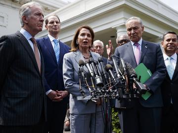 Speaker of the House Nancy Pelosi of Calif., talks with reporters after meeting with President Donald Trump about infrastructure, at the White House, Tuesday, April 30, 2019, in Washington.