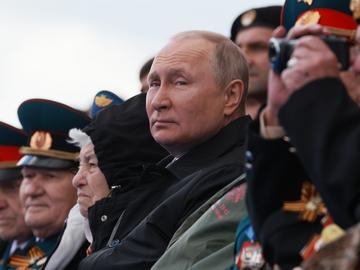 Russian President Vladimir Putin looks on during the Victory Day military parade in Moscow on May 9, 2022.