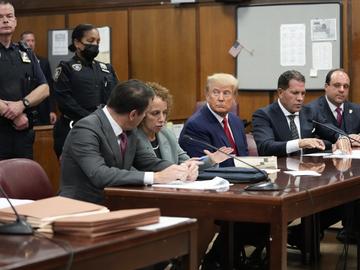 Former President Donald Trump appears in court for his arraignment, Tuesday, April 4, 2023, in New York. 