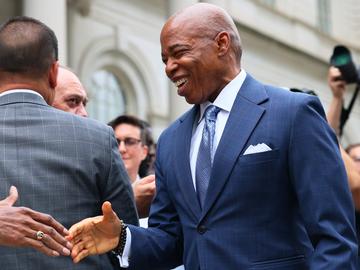 New York City Mayor Eric Adams arrives for a press conference at City Hall on June 26, 2025 in New York City. 