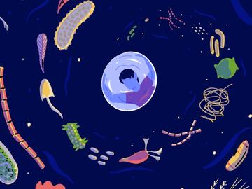 An illustration of a collection of single-cell organism up to an opening where a person is peering in.