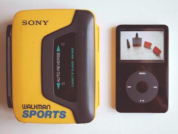 A Sony Walkman with its successor, the iPod