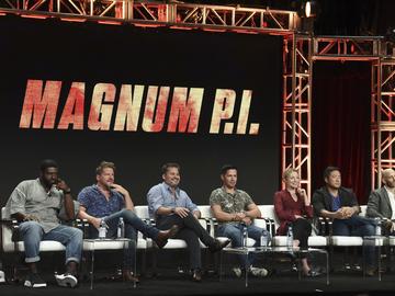 Stephen Hill, from left, Zachary Knighton, Peter M Lenkov, Jay Hernandez, Perdita Weeks, Tim Kang and Eric Guggenheim participate in the 'Magnum P.I' panel during the Television Critics Association
