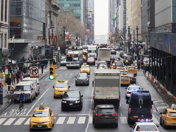 In this Jan. 11, 2018 file photo, traffic makes it's way across 42nd Street in New York City. 
