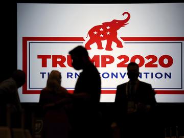 The room is set and delegates begin to arrive for the first day of the Republican National Convention, Monday, Aug. 24, 2020, in Charlotte, N.C. 