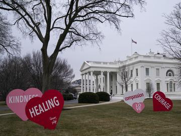 Decorations sit on the North Lawn of the White House, Friday, Feb. 12, 2021, in Washington. 