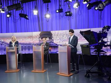 Rep. Carolyn Maloney, left, Rep. Jerry Nadler, center, and attorney Suraj Patel debate during New York's 12th Congressional District Democratic primary debate hosted by Spectrum News NY1 and WNYC at t