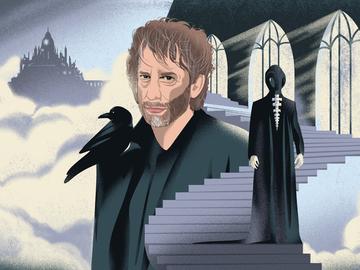 Portrait of Neil Gaiman encompassed within a scene from his Netflix series 'The Sandman.'