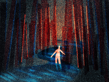 A drawing of a person on a dark, winding forest path in an almost pointillistic style. In the distance, some trees glow red from a warm light ahead.