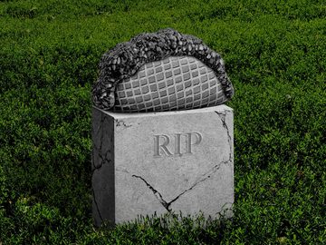 Illustration of a headstone with a carved choco taco sculpture and the letters 'RIP', set in a field of green grass
