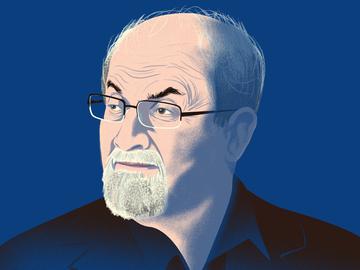 An illustrated image of author Salman Rushdie.