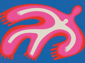 An abstract illustration of a large pink body-like figure with a smaller, slimmer white body-like figure nested inside it. 