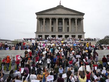 Students march on the State Capitol steps during the March for Our Lives anti-gun violence protest in Nashville, Tenn., on Monday, April 3, 2023.