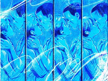 A four image sequence drawn in blue of a man and a woman leaning in for a kiss. 