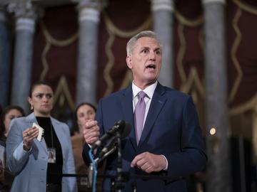 Speaker of the House Kevin McCarthy, R-Calif., talks to reporters just after the Republican majority in the House narrowly passed a sweeping debt ceiling package.