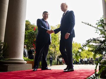 President Joe Biden greets China's President President Xi Jinping at the Filoli Estate in Woodside, Calif., Wednesday, Nov, 15, 2023.