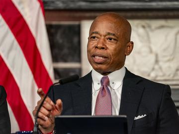 Mayor Eric Adams speaks during a press conference at City Hall in New York, Tuesday, Dec. 12, 2023. 