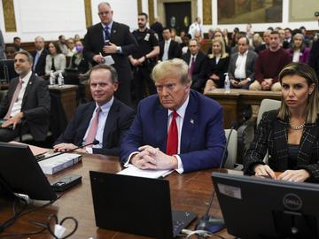 Former U.S. President Donald Trump, with lawyers Christopher Kise and Alina Habba, attends the closing arguments in the Trump Organization civil fraud trial at New York State Supreme Court.
