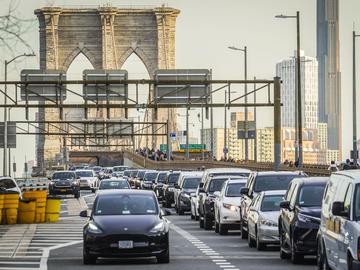 Traffic enters lower Manhattan after crossing the Brooklyn Bridge, Thursday, Feb. 8, 2024, in New York. 