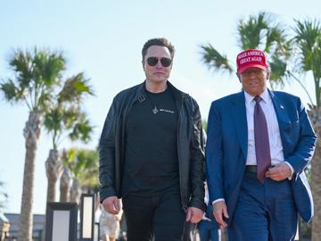 U.S. President-elect Donald Trump greets Elon Musk as he arrives to attend a viewing of the launch of the sixth test flight of the SpaceX Starship rocket on November 19, 2024 in Brownsville, Texas.