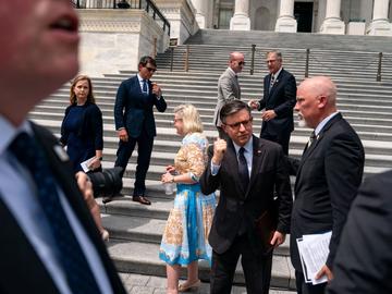 Speaker of the House Mike Johnson (R-LA) gesutes as he prepares to depart a news conference on the steps of the House of Representatives at the U.S. Capitol on May 8, 2024 in Washington, DC. 