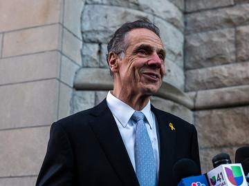 Former New York Gov. Andrew Cuomo speaks outside the West Side Institutional Synagogue on April 1, 2025, in New York City. 