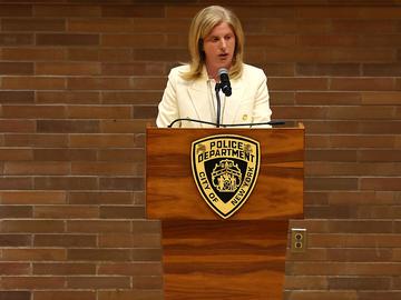  NYPD Commissioner Jessica Tisch speaks during a press conference on April 02, 2025 in New York City. 
