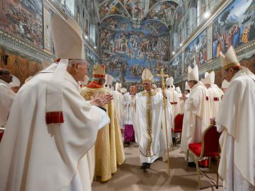 American Cardinal Robert Francis Prevost presides over his first Holy Mass as Pope Leo XIV with cardinals in the Sistine Chapel at the conclusion of the Conclave on May 09, 2025 in Vatican City, Vatic