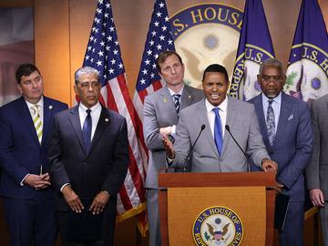 Flanked by fellow House Democrats from New York State, U.S. Rep. Ritchie Torres (D-NY) speaks out against the One, Big, Beautiful Bill Act at a press conference at the U.S. Capitol on July 2, 2025 in 