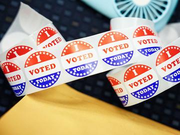 'I Voted' stickers are seen on a table during early voting on October 31, 2025 in Bridgewater, New Jersey. 