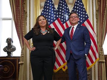 U.S. Rep. Adelita Grijalva (D-AZ) and Speaker of the House Mike Johnson (R-LA) speak to the media during a ceremonial swearing-in at the U.S. Capitol Building on November 12, 2025 in Washington, DC.