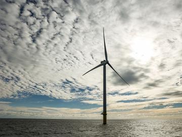 An operational wind turbine at the South Fork Wind Farm in the Atlantic Ocean off of Long Island, New York on Dec. 7, 2023. 