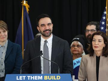 New York City Mayor Zohran Mamdani is joined by New York Governor Kathy Hochul at an event in Brooklyn to support more housing construction in New York City on February 10, 2026 in New York City. 