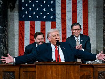 U.S. President Donald Trump delivers the State of the Union address during a joint session of Congress in the House Chamber at the Capitol on February 24, 2026 in Washington, DC. 