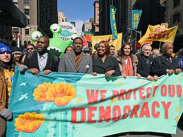 Protestors, Public Advocate Jumaane D. Williams, New York Attorney General Letitia James, Padma Lakshmi, Robert DeNiro and Rev. Al Sharpton are seen at the 'No Kings' March on March 28, 2026 in NYC.