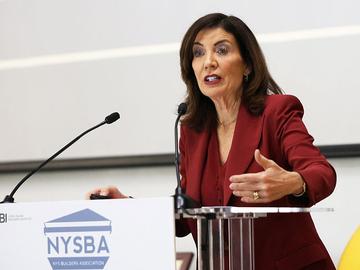 New York State Governor Kathy Hochul speaks during a builders Expo at the Huntington Hilton in Melville, New York on March 26 2026.