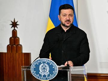 Ukraine's President Volodymyr Zelensky speaks during a press point with Italy's Prime Minister, Giorgia Meloni at Palazzo Chigi after their meeting in Rome on April 15, 2026.