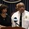 Baltimore Mayor Catherine Pugh, left, and Michael Harrison, center, acting commissioner of the Baltimore Police Department, listen to a reporter's question at an introductory news conference.