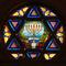stained glass window in the shape of the Star of David with menorah