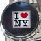An 'I heart NY' sticker on a vendor's mirror near Central Park.