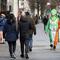 A man dressed as St Patrick walks down O'Connell street in Dublin, Ireland, Wednesday, March, 17, 2021. The St Patrick's Day parades across Ireland were canceled for the second year due to COVID-19 pa