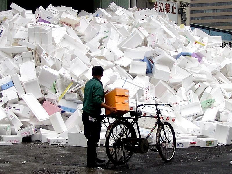 A pile of trash outside the Tokyo fish market.