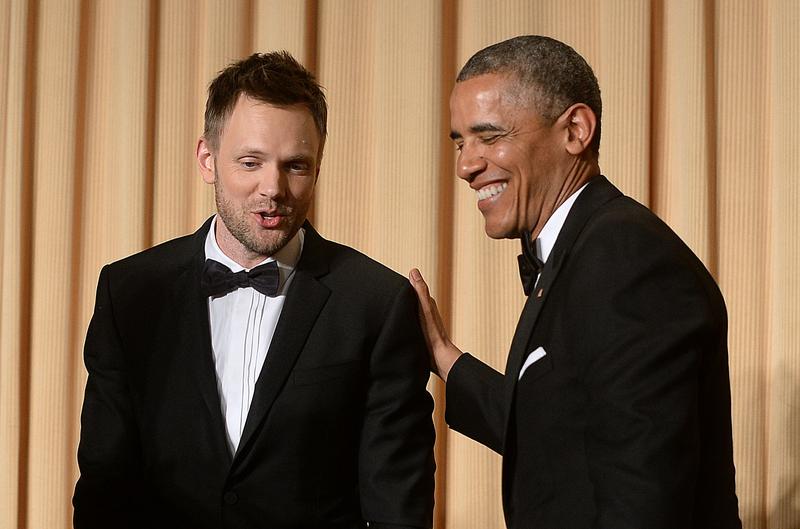 US President Barack Obama and comedian Joel McHale share a laugh at the 2014 White House Correspondent's Association Gala at the Washington Hilton