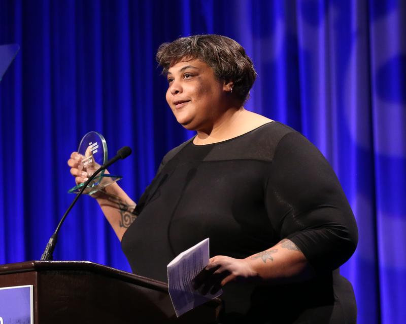 Roxane Gay accepts her Freedom to Write Award at the PEN Center USA's 25th Annual Literacy Awards Festival at the Beverly Wilshire Hotel on Monday, Nov. 16, 2015, in Beverly Hills, Calif.