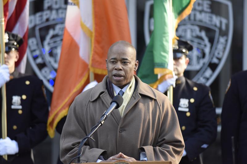 Brooklyn borough president Eric Adams speaks at dedication of memorial plaques for slain NYPD officers.