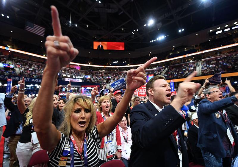Delegates cheer on day three of the Republican National Convention.